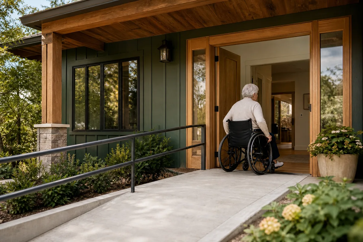 Wheelchair-accessible home entrance with a gentle ramp