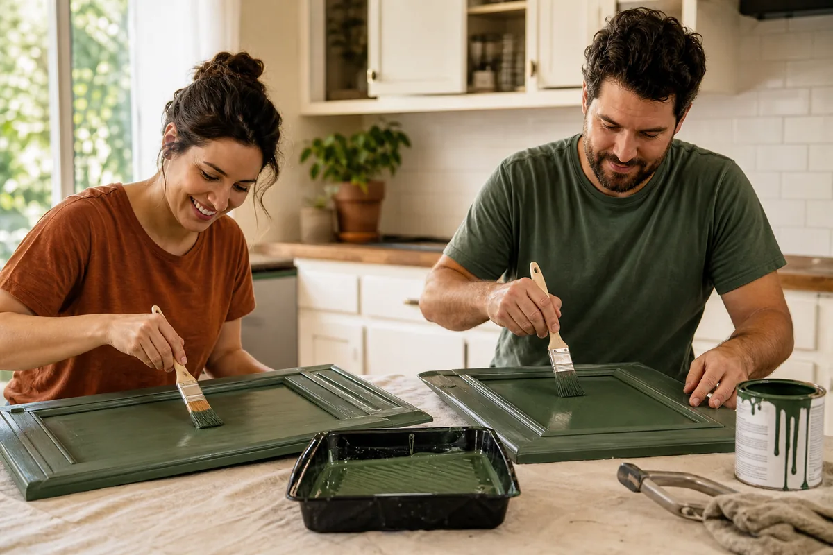 Couple completing an affordable kitchen cabinet painting project