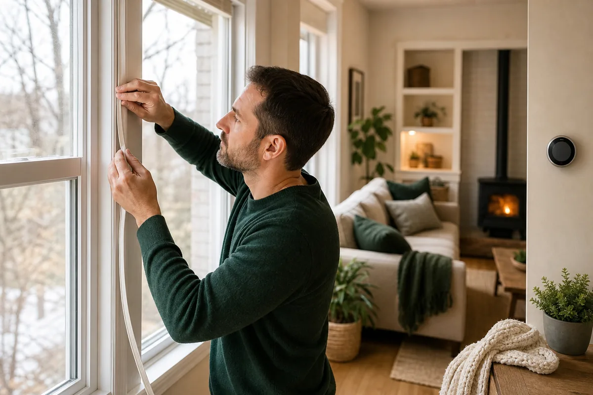 Homeowner adding weatherstripping to improve energy efficiency