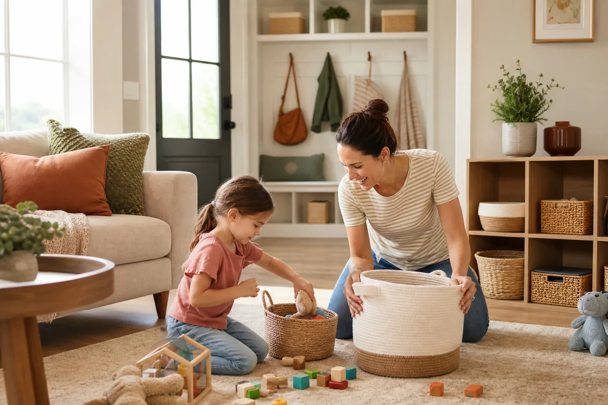 Parent and child organizing toys in a family living room