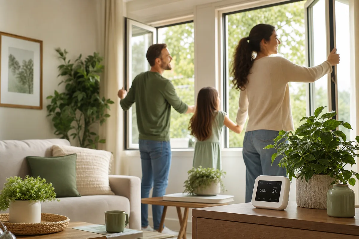 Family improving indoor air quality in a bright living room