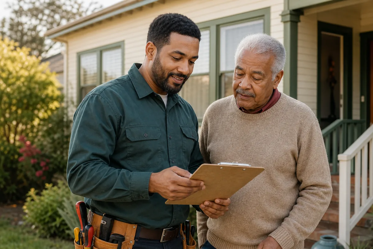 Home repair professional reviewing assistance options with an older homeowner