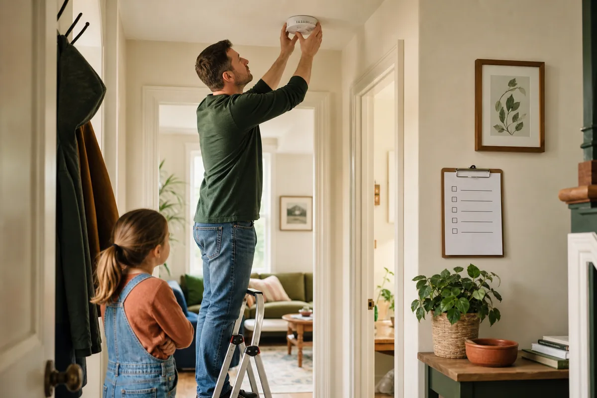 Parent installing a smoke detector in a family home