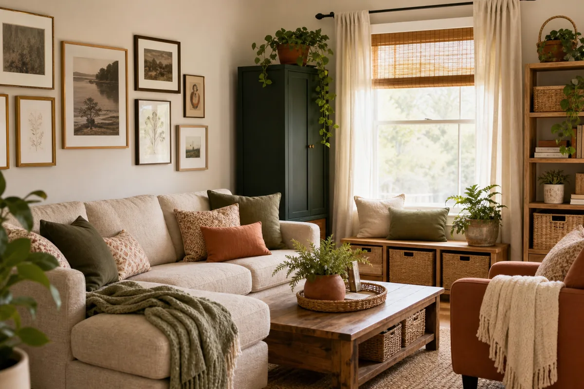 Warm practical family living room decor with useful storage